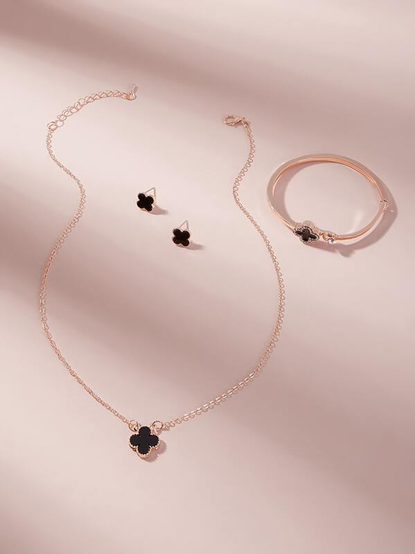 

Clover Decor Necklace & Earrings & Bracelet 4pcs