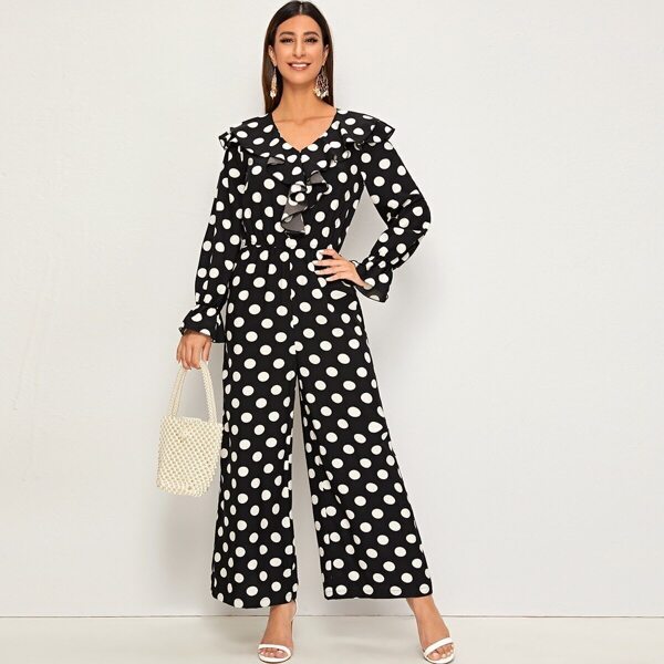 

Polka Dot Ruffle Trim Culotte Jumpsuit, Black
