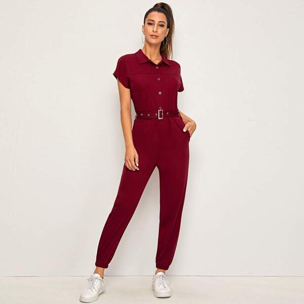

Half Button Self Tie Shirt Jumpsuit, Burgundy