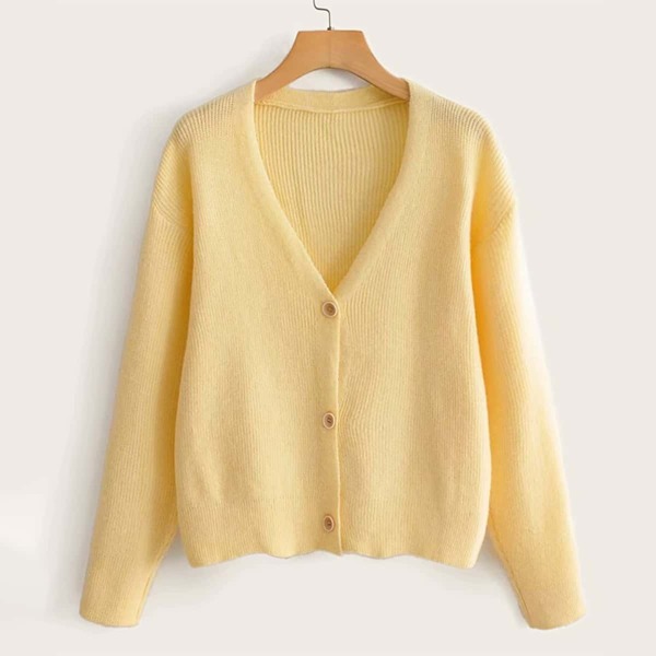 

Solid Drop Shoulder Button Front V Neck Cardigan