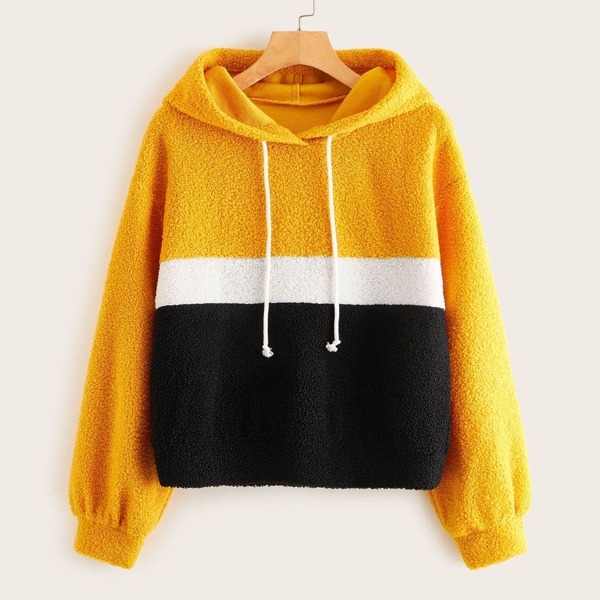

Cut And Sew Panel Drawstring Teddy Hoodie