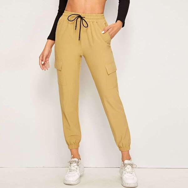

Side Flap Pockets Drawstring Cargo Pants, Khaki