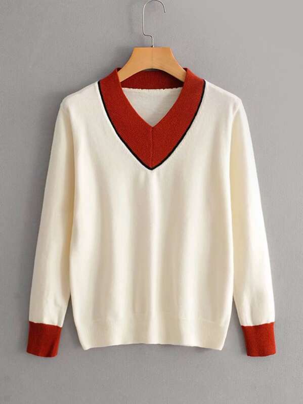 

Contrast Binding V Neck Sweater, White