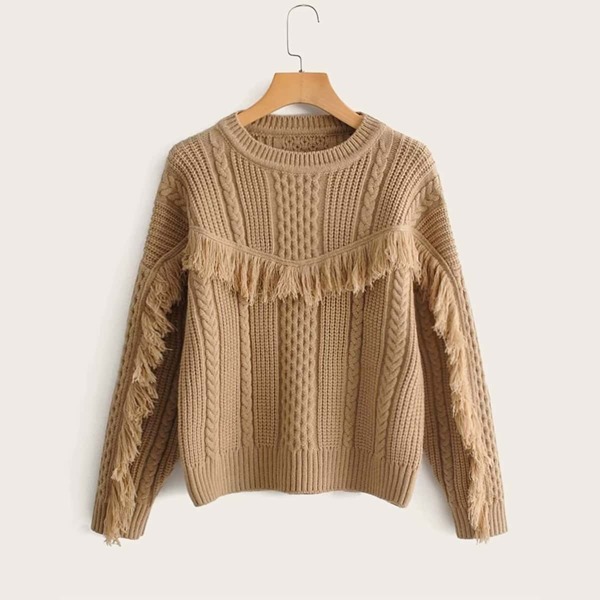 

Solid Fringe Embellished Cable Knit Sweater