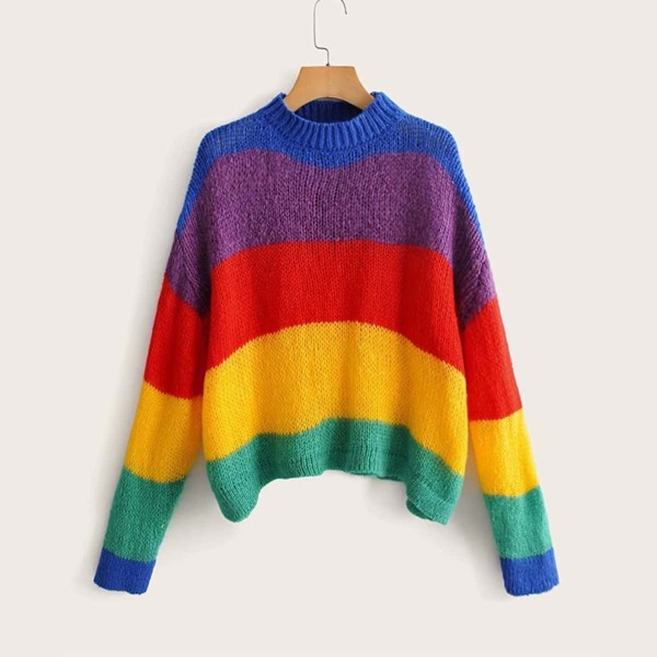 

Drop Shoulder Rainbow Striped Knit Sweater, Multicolor