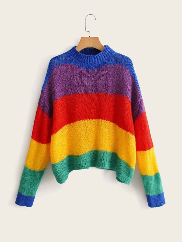 

Drop Shoulder Rainbow Striped Knit Sweater, Multicolor