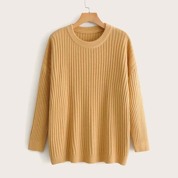 

Drop Shoulder Solid Rib-knit Sweater