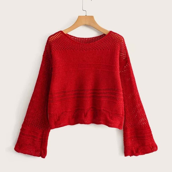 

Open Stitch Bell Sleeve Solid Sweater