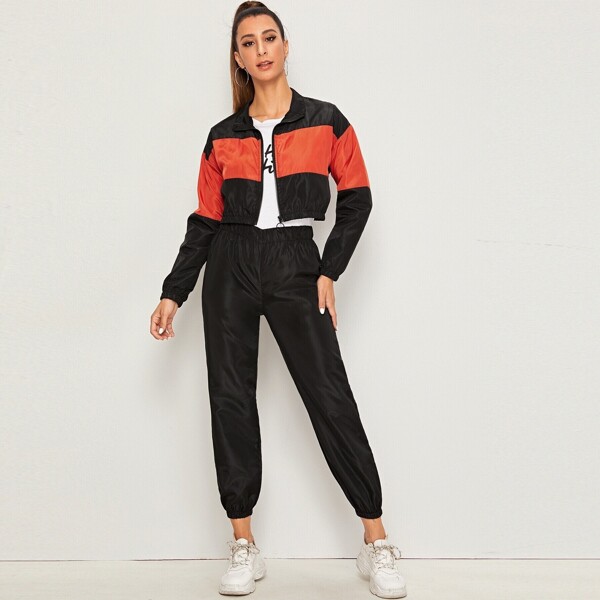 

Contrast Panel Windbreaker Jacket With Sweatpants, Black