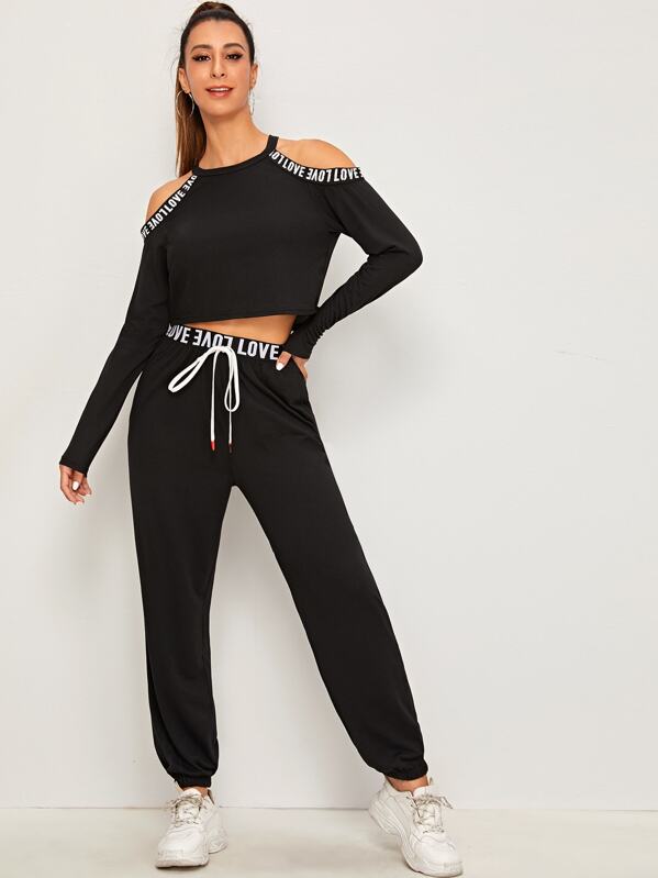 

Letter Tape Open Shoulder Halter Tee With Sweatpants, Black, Gabe