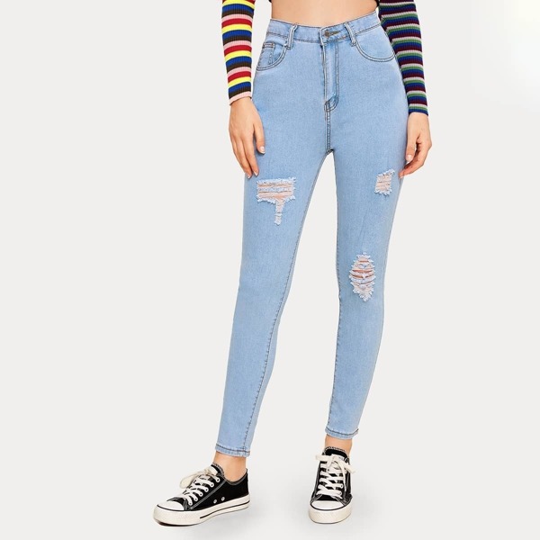 

Ripped Button Fly Skinny Crop Jeans