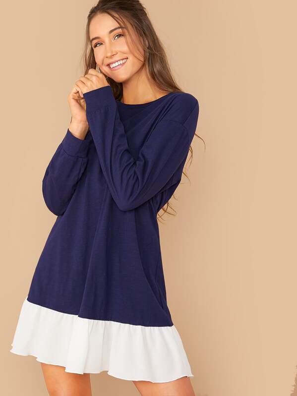 

Contrast Flounce Hem Tee Dress, Navy, Anna Herrin