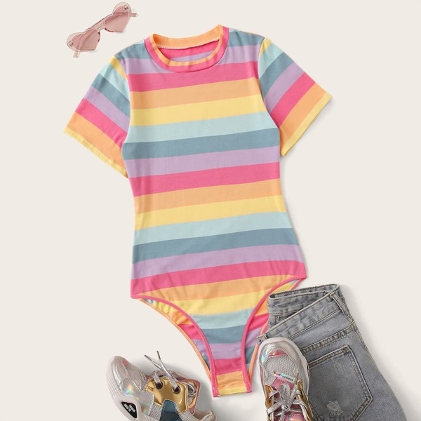 

Rainbow Striped Print Bodysuit