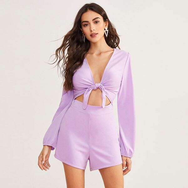 

Solid Tie Front Long Sleeve Romper
