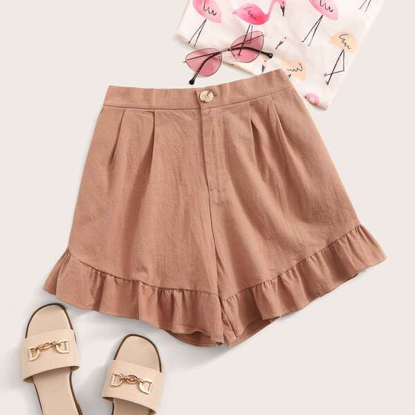 

Button Fly Ruffle Hem Shorts