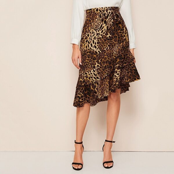 

Leopard Print Asymmetrical Ruffle Hem Skirt