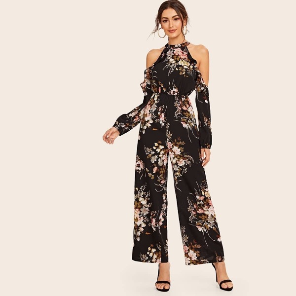 

Cold Shoulder Floral Print Halter Jumpsuit, Multicolor
