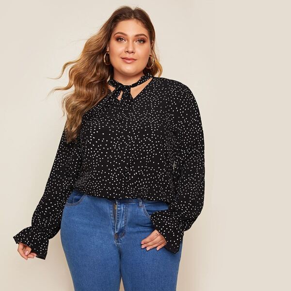

Plus Polka Dot Tie Neck Blouse, Black