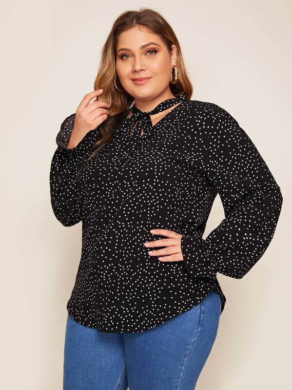 

Plus Polka Dot Tie Neck Blouse, Black, Carol