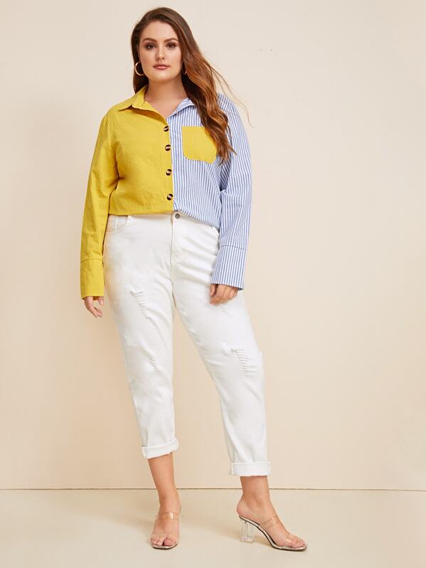 

Plus Striped Pocket Patched Spliced Blouse, Multicolor, Gabriela B
