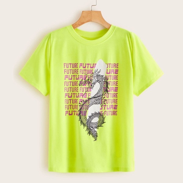 

Neon Lime Dragon & Letter Graphic Tee, Green bright