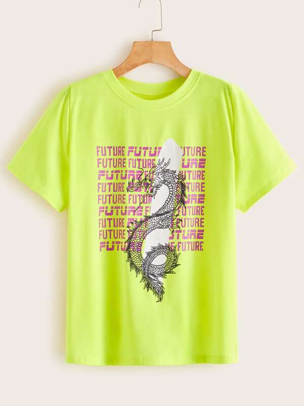 

Neon Lime Dragon & Letter Graphic Tee, Green