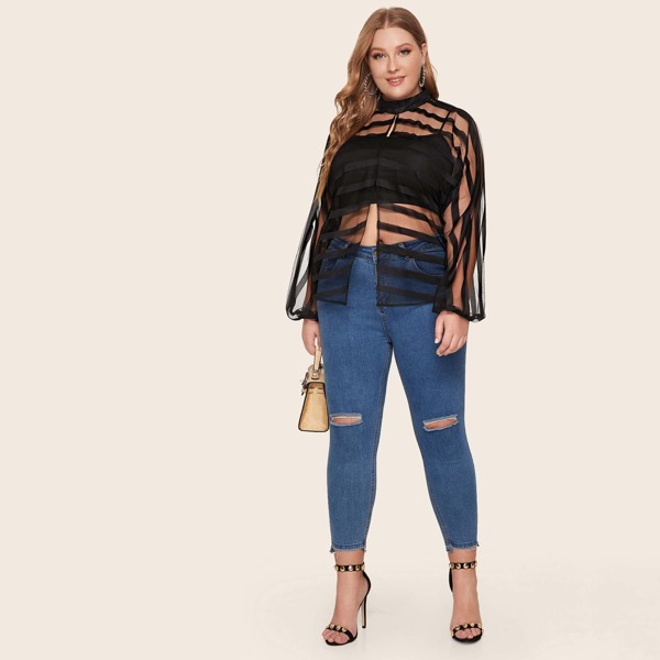 

Plus Mock Neck Sheer Top, Black