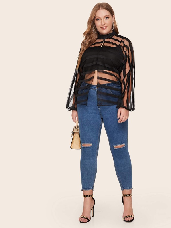 

Plus Mock Neck Sheer Top, Black, Stanis