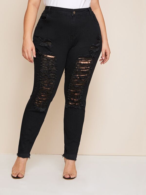 

Plus Distressed Raw Hem Skinny Jeans, Black, Carol