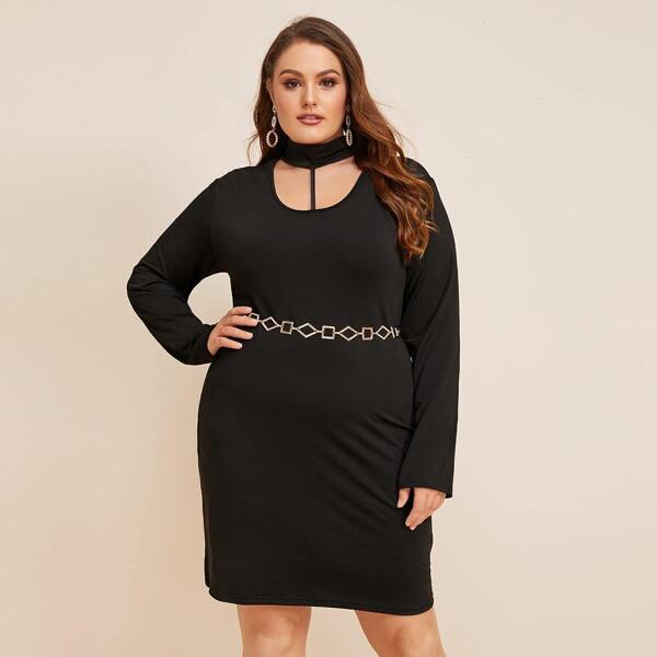 

Plus Solid Choker Neck Dress Without Belt, Black