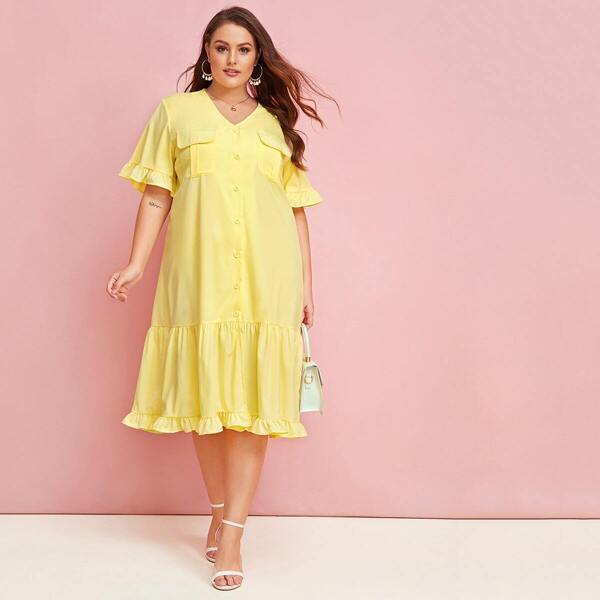 

Plus Flap Pocket Ruffle Hem Dress