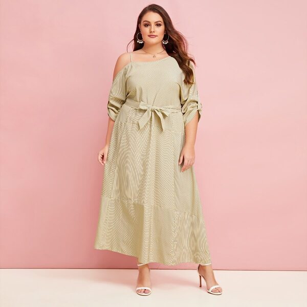 

Plus Striped Asymmetrical Neck Belted Dress, Yellow