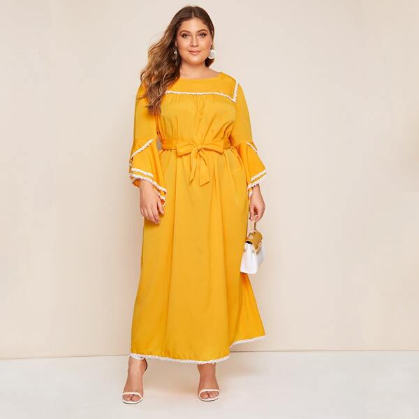 

Plus Lace Trim Flounce Sleeve Belted Dress, Yellow