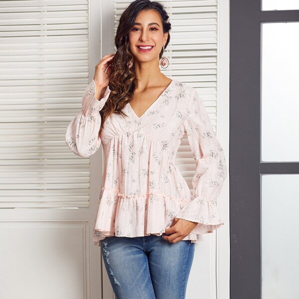 

SBetro Floral Print Ruffle Smock Top, Pink pastel