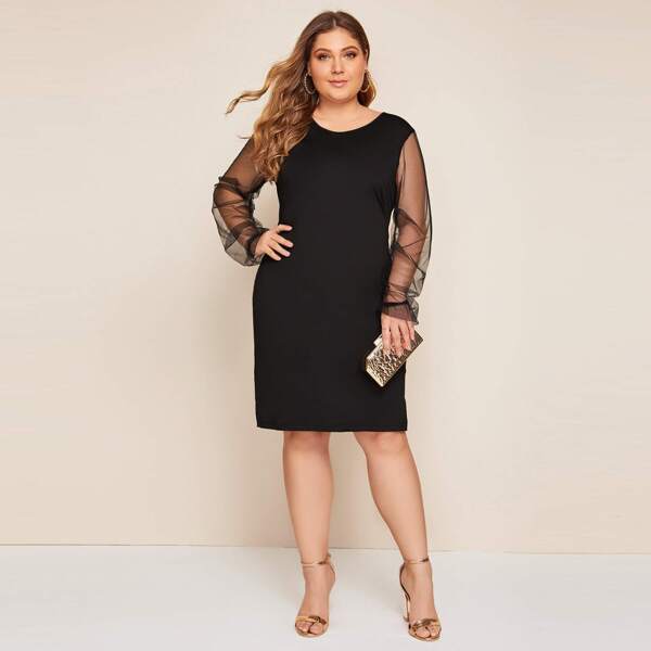 

Plus Mesh Sleeve Fitted Midi Dress