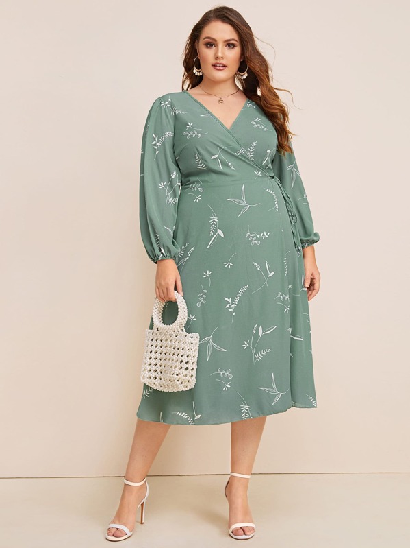 

Plus Plant Print Wrap Knotted Dress, Green, Stanis