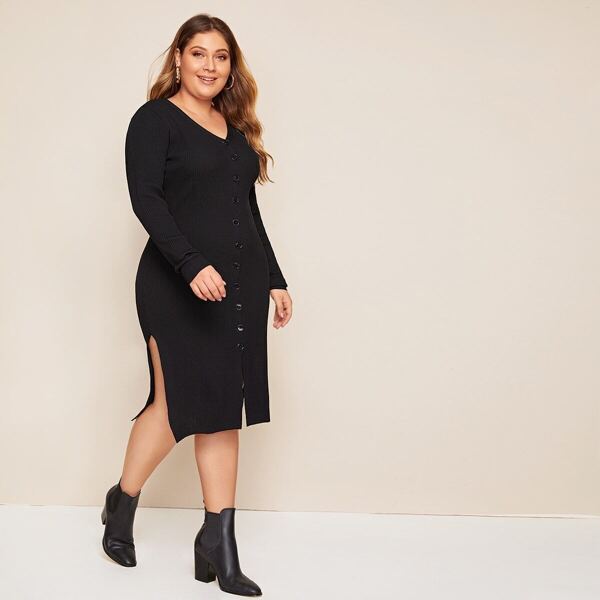 

Plus Button Through Split Side Sweater Dress, Black