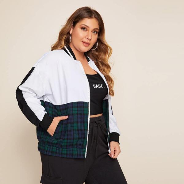 

Plus Plaid Contrast Colorblock Bomber Jacket