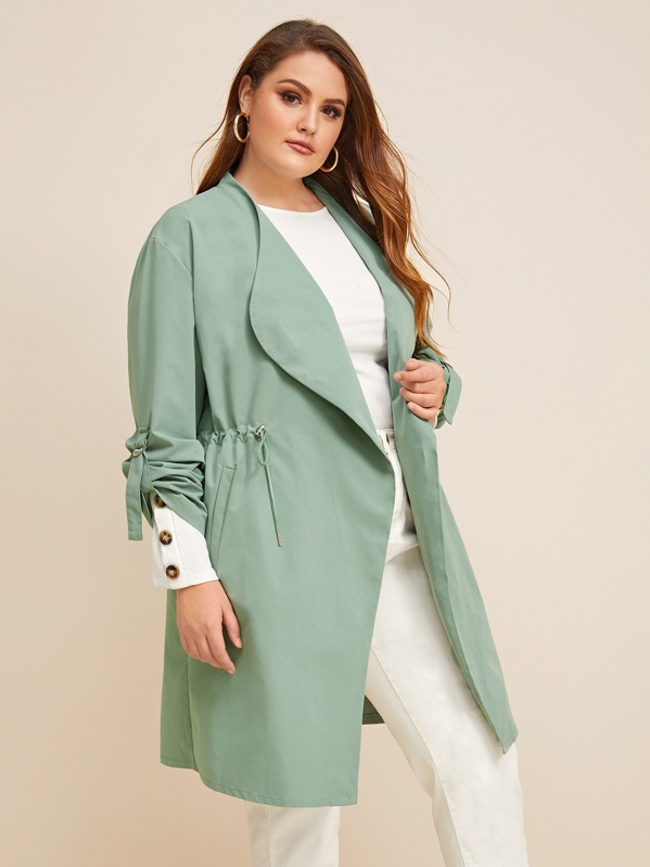 

Plus Waterfall Collar Drawstring Waist Trench Coat, Green, Gabriela B