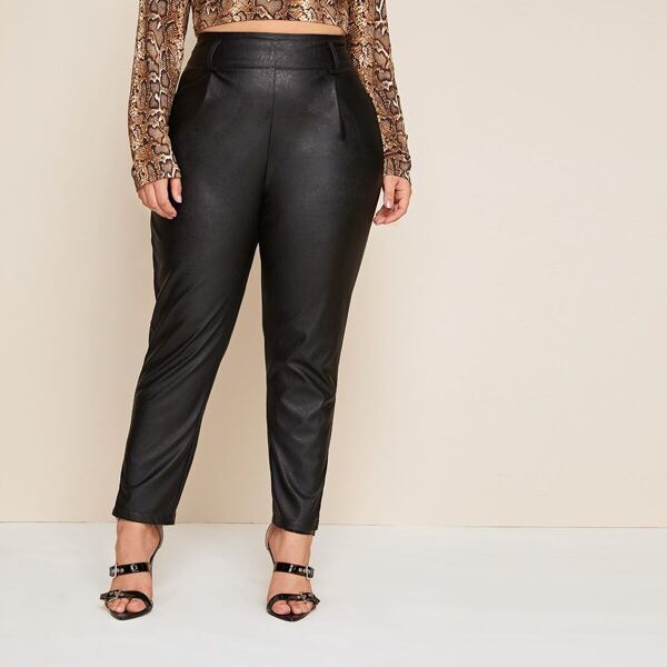 

Plus PU Tapered Wide Band Waist Pants, Black