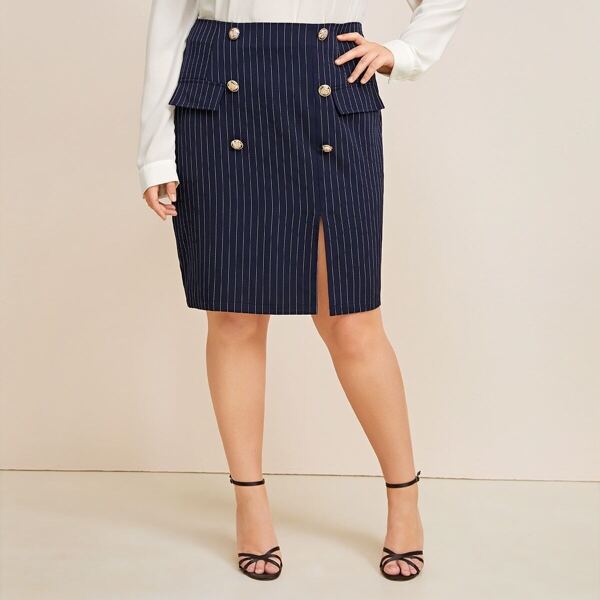 

Plus Striped Double Breasted Split Skirt