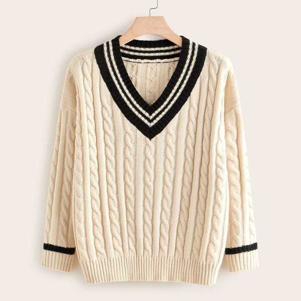 

Plus Contrast Striped Neckline Cable Knit Jumper, Beige pastel