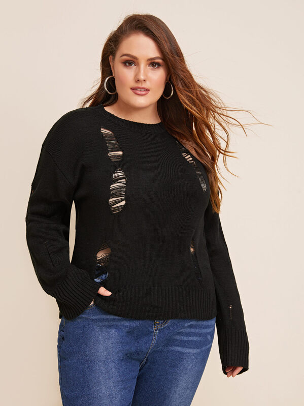 

Plus Solid Ripped Detail Sweater, Black, Stanis
