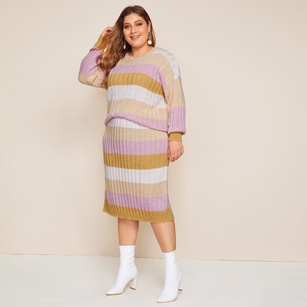 

Plus Colorblock Drop Shoulder Sweater & Skirt Set, Multicolor