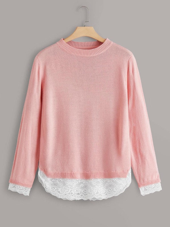 

Plus Contrast Lace Hem Sweater, Pink