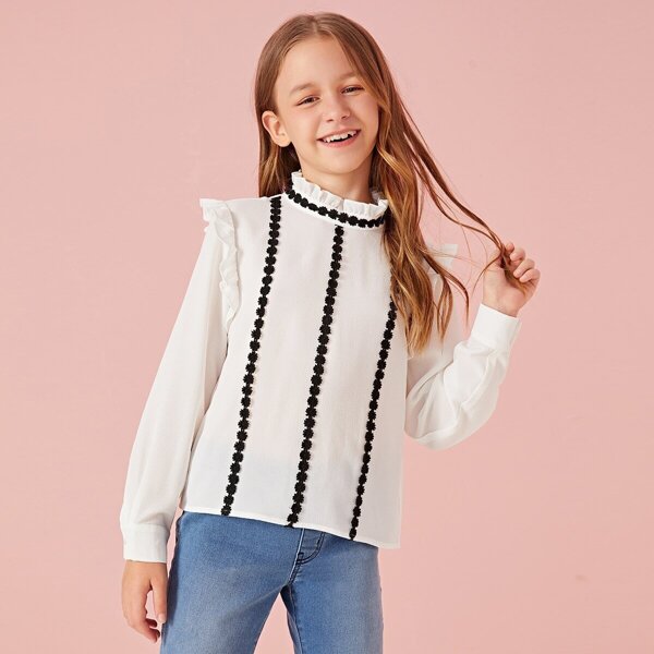 

Girls Frill Trim Lace Applique Top, White