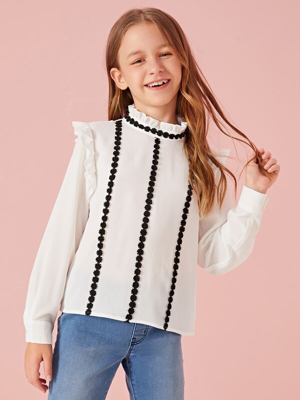 

Girls Frill Trim Lace Applique Top, White, Sashab
