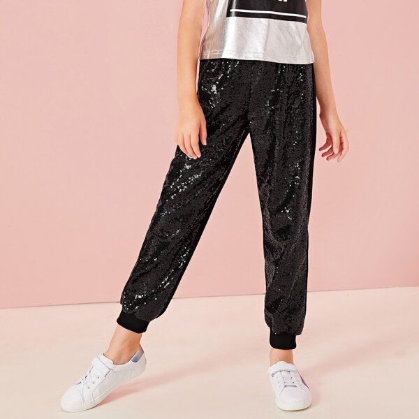 

Girls Sequin Detail Solid Sweatpants, Black