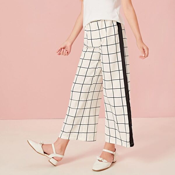 

Girls Contrast Sideseam Wide Leg Grid Pants, White