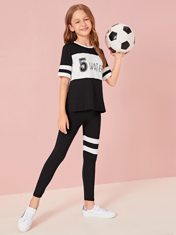 

Girls Letter Graphic Tee and Striped Leggings Set, Black, Sashab